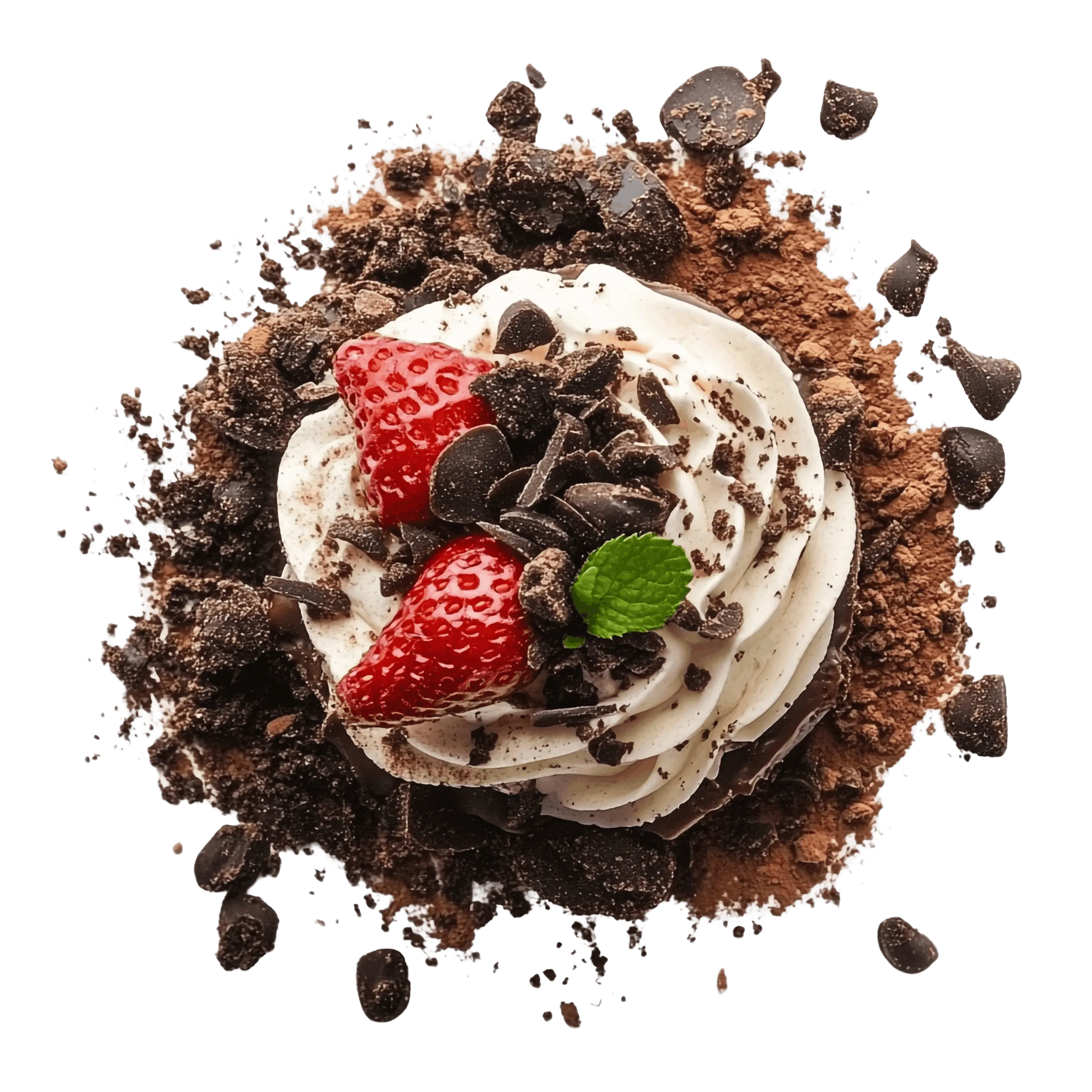 Bäckerei Konditorei Neher Rettenberg - Backwaren und Lebensmitteln - Eine Schokoladenmousse, garniert mit Schlagsahne, Erdbeeren und Schokoladenraspeln.